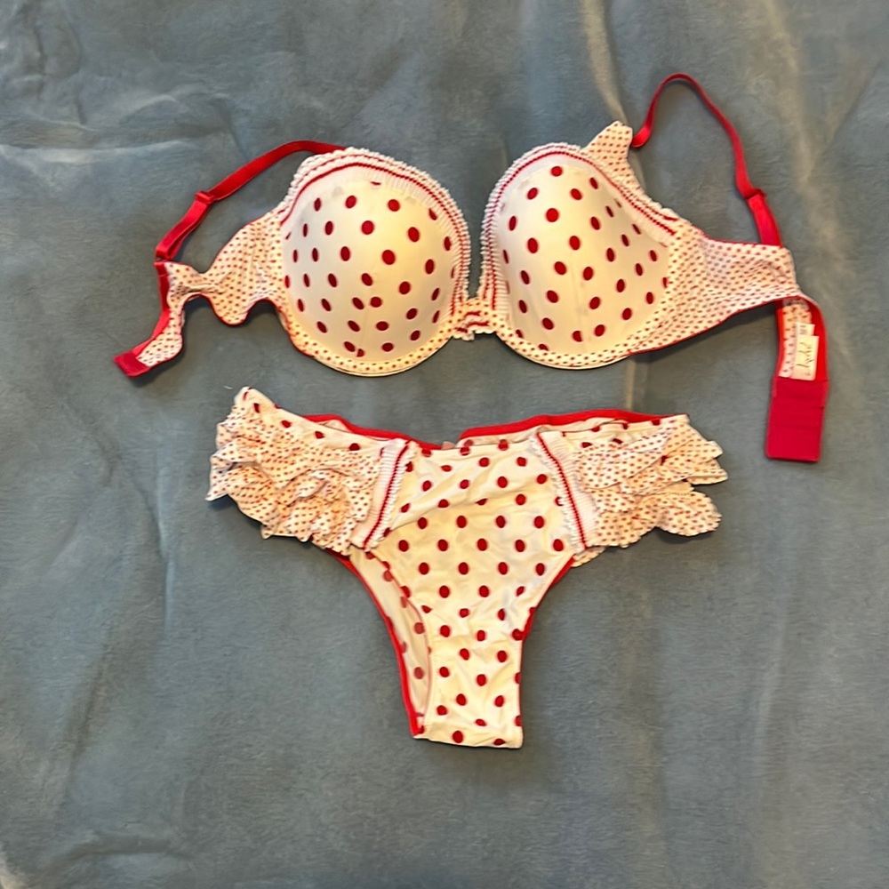Red and white poka dot bra and panties.